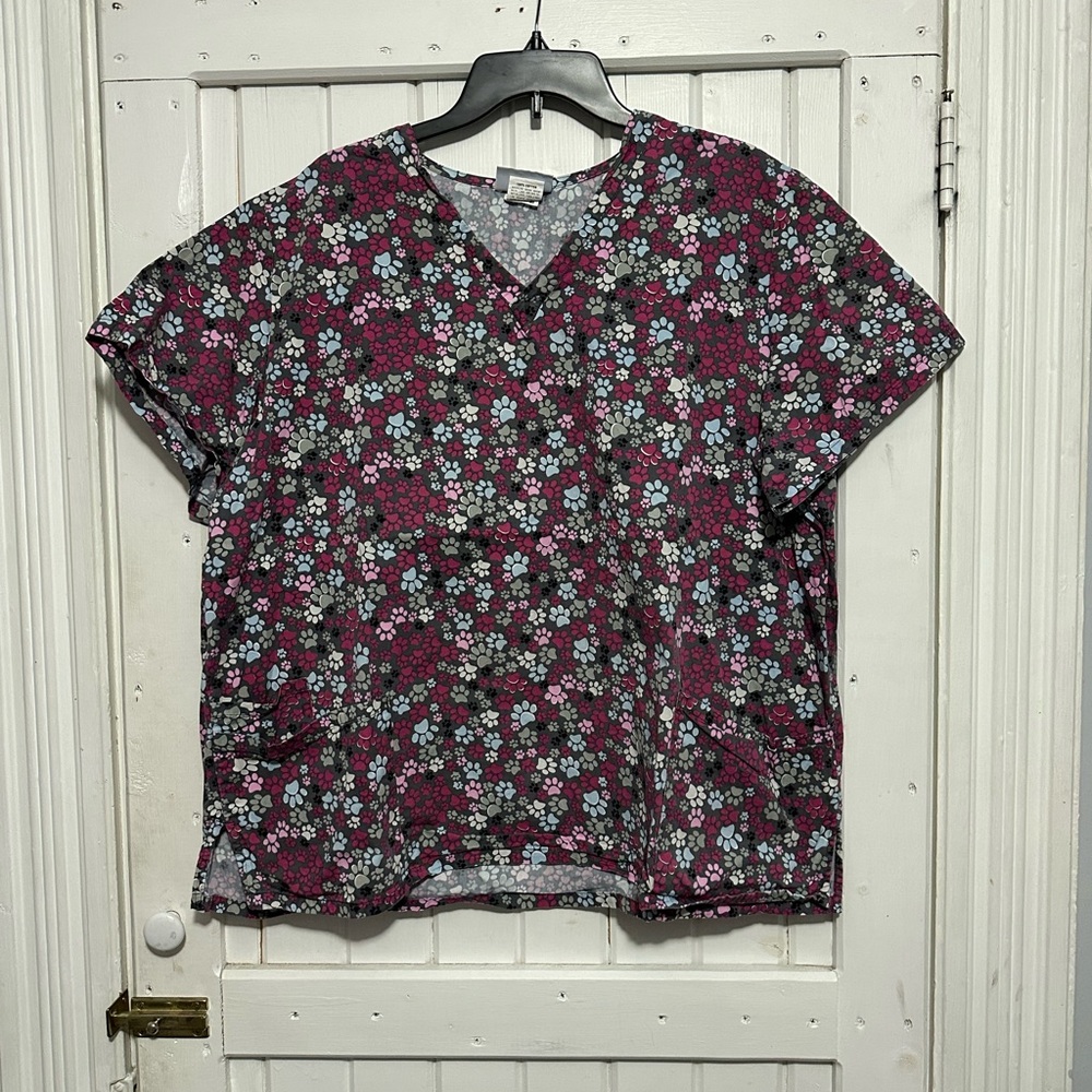 VAC Pink and Multicolor Paw Print Scrub Top